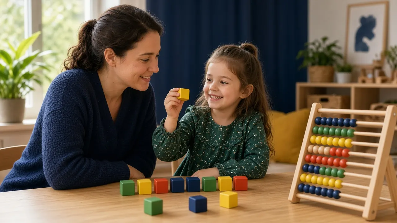 Öğretmen ve çocuk bire bir derste renkli sayma blokları ve abaküsle çalışıyor