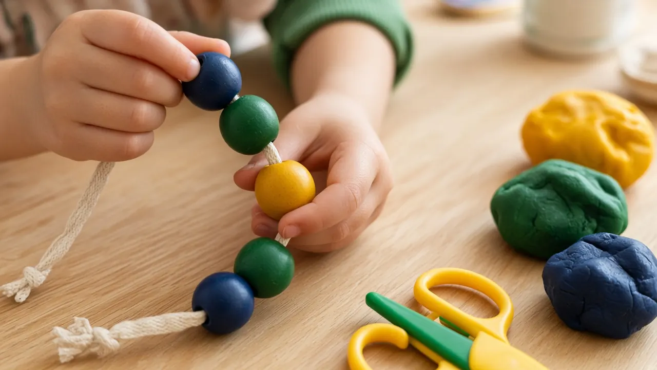 Çocuğun elleri ip üzerine lacivert, yeşil ve sarı ahşap boncuklar diziyor