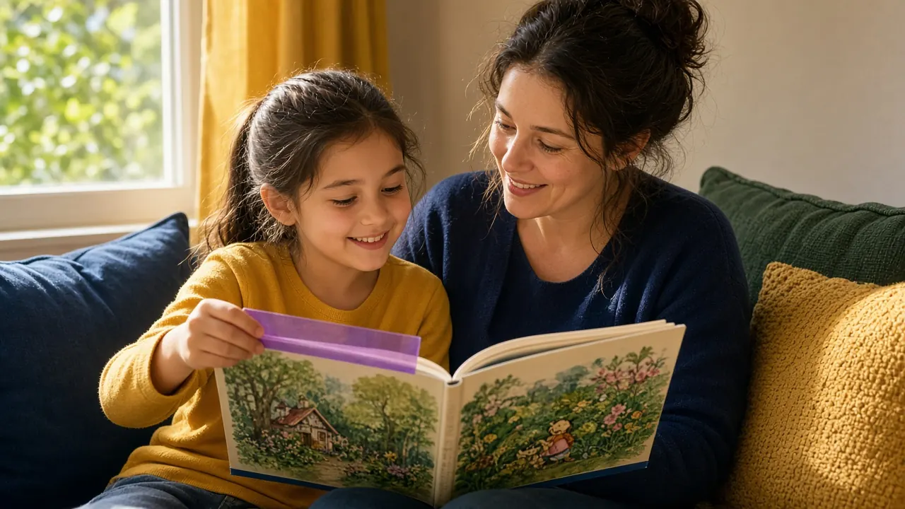 Çocuk ve öğretmen pencere kenarında resimli bir kitabı okuma cetveli yardımıyla birlikte okuyor